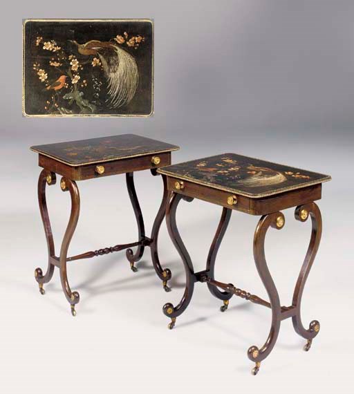 A PAIR OF REGENCY BRASS-MOUNTED POLYCHROME-JAPANNED AND SIMULATED-ROSEWOOD CENTRE TABLES