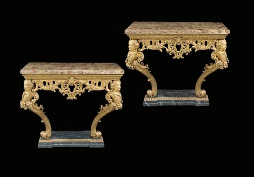 A PAIR OF GEORGE II GILTWOOD CONSOLE TABLES