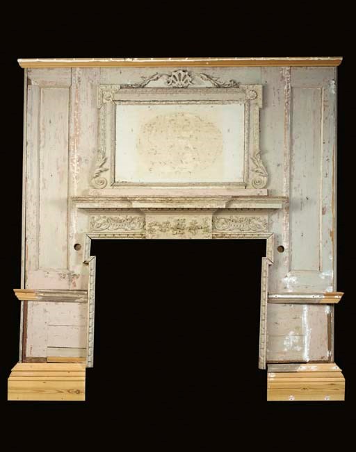 A GEORGE III GREY-PAINTED PINE OVERMANTEL AND CHIMNEYPIECE