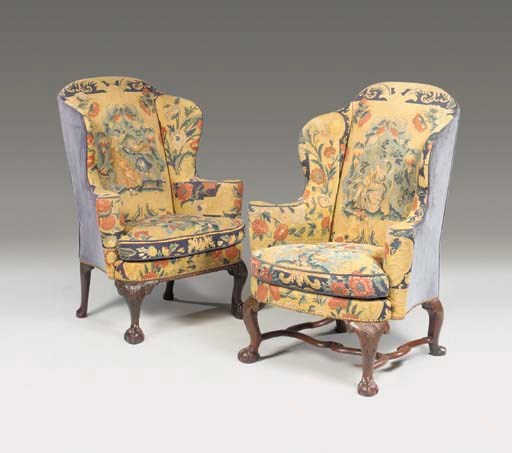 A MATCHED PAIR OF GEORGE II MAHOGANY WING ARMCHAIRS
