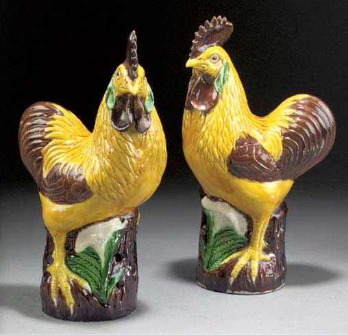 A pair of famille verte models of cockerels
19th century