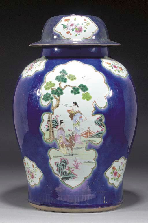 A large famille rose powder blue ground baluster vase and related cover
18th century