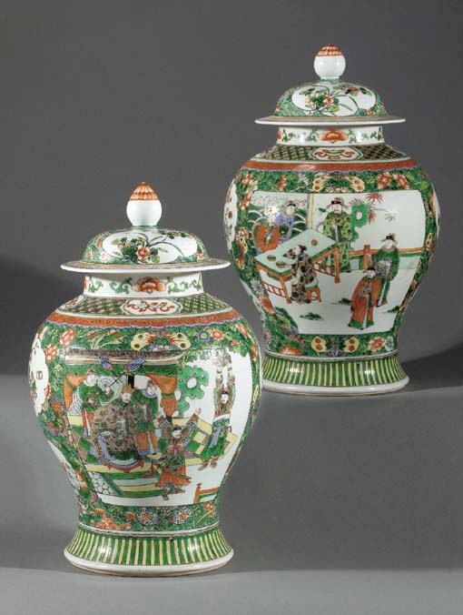 A pair of famille verte baluster jars and covers
19th century