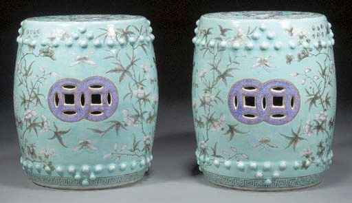 A pair of turquoise ground small garden seats
19th century