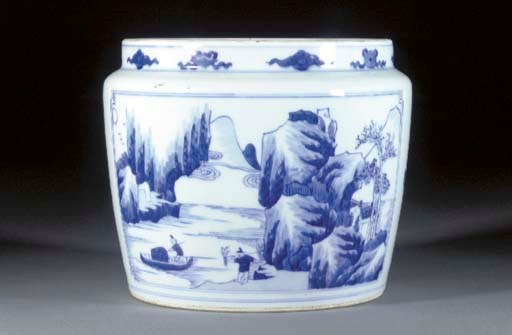 A blue and white tapering cylindrical planter
Kangxi