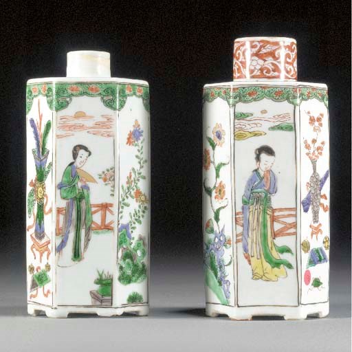 Two famille verte hexagonal jars and one cover
Kangxi