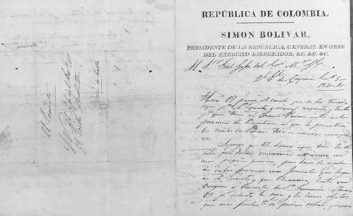 BOLIVAR, Simon (1783-1830). Letter signed addressed to General Carlos Soublette, 'Q[uarte]l G[enera]l de Caycara, En[er]o 5, 1820 - 10', in Spanish, printed heading of 'Republica de Colombia  Simon Bolivar  Presidente de la Republica, General en Gefe del Exercito Libertador', on a bifolium, 3 pages, 4to, address panel, 'El Presidente   Al G[enera]l Gefe del Exercito M[ayo]r  G[enera]l Carlos Soublette  Donde se habla', (4 tiny holes touching one word, slight wear in folds, faint traces of seal); framed and glazed.