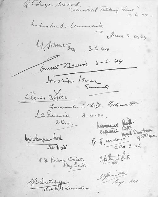 CHURCHILL, Sir Winston Spencer (1874-1965). Autograph signature ('Winston S. Churchill') dated 3 June 1944, 3 DAYS BEFORE D-DAY, with the signatures of Jan Smuts, Ernest Bevin, Hastings Ismay and others, in the autograph album of H.M.S. Largs, H.Q. Ship for Force 'S', Normandy Landing and South of France Landing (inscribed on title page), signatures on 8½ pages, 4to; the volume subsequently used on H.M.S. Artifex, Fleet Train, British Pacific Fleet, 1945-1946, P.&O. M.V. Palana and  P.&O. S.S. Strathaird; green limp morocco (lightly worn, sprung). Provenance.  Captain H.S. Allan R.D. RNR, commanding H.M.S. Largs; and by descent.