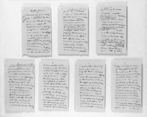 GANDHI, Mohandas K. (1869-1948). Autograph manuscript signed ('MK Gandhi'), n.p., 11 January 1948, a draft of an article, 'Urdu Harijan', with a number of emendations and cancellations, 7 pages, 8vo (numbered in autograph), on versos of paper bearing a typed memorandum addressed to Gandhi on the subject of food distrubition (staple tears to upper left corners).