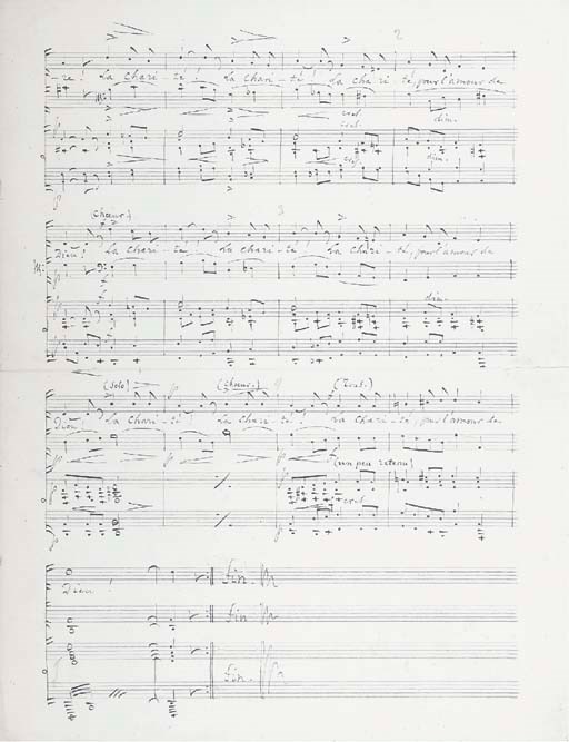 GOUNOD, Charles (1818-1893). Autograph music manuscript signed ('Ch. Gounod'), Paris, 20 January 1880, a song, 'La Charité, pour l'amour de Dieu!', for contralto, chorus, cello and piano, the manuscript inscribed 'Quête pour les Pauvres de Gallicie' and dedicated 'à mon amie la Princesse Suzanna Czartoryska', title and 3 pages, folio (minor tape repairs to centre folds, faint spotting).