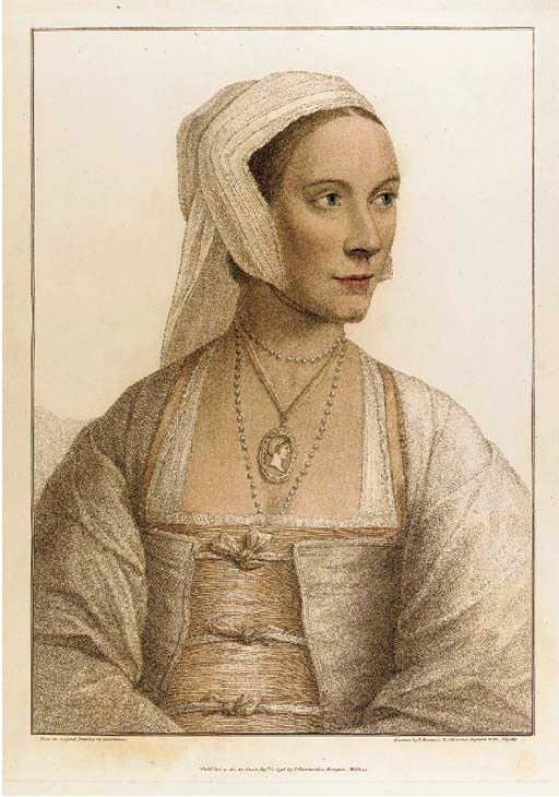 HOLBEIN, Hans (1497-1543) & Edmund LODGE.  Imitations of Original Drawings by Hans Holbein in the Collection of His Majesty, for the Portraits of Illustrious Persons of the Court of Henry VIII.  With Biographical Tracts, edited by John Chamberlaine, London: W. Bulmer & Co. for J. Chamberlaine, 1792-[1800, text leaves watermarked 1794-1803, plates watermarked 1794-1811]. 2 volumes. 84 stipple-engraved plates on 83 sheets by F. Bartolozzi, C. Metz and C. Knight after Holbein, 82 printed in colours, those of Charles and Henry Brandon hand-coloured, 20 plates on pink paper, the others on white, 52 mounted, 5 proofs before letters, ink duty stamps on the versos of a few plates. (Occasional light marking, one plate trimmed at lower edge touching imprint, some mounted plates slightly cockled, a few torn at platemark). Abbey Life 205; Brunet III, 259; Lewine pp.243-4; Lowndes p. 405; Ray England 19. [Bound with:] Hans HOLBEIN & Mrs JAMESON. [Court of Francis II, ?London: ?Henry Bohn, after 1800 and before 1858]. 8 stipple-engraved plates printed in colours by Bartolozzi after Holbein. Abbey Life 206; Brunet III, 260; Lowndes 405. 2 works in 3 volumes bound in one. 2° (545 x 418mm.). Mid-19th-century half red morocco gilt, spine gilt in compartments with green morocco lettering-piece. (Extremities rubbed, joints splitting, slight dampstaining).

'THE FINEST EARLY EXAMPLE OF ENGLISH COLOUR PRINTING' (Ray), with the uncommon continuation plates.