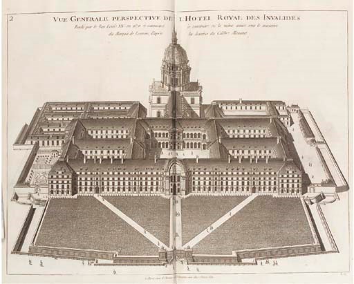 LE JEUNE DE BOULENCOURT.  Description Generale de l' Hostel Royal des Invalides ... avec les Plans, Profilsw & Elevations de ses Faces, Coupes & Appartmens, Paris: Chez l' Autuer, 1683-1706. 2 volumes. 2° (425 x 285mm.). Engraved frontispiece, head-pieces and initials, 19 engraved plates, most double-page or folding. (Some light mainly marginal browning). Contemporary calf, the covers of the text volume with gilt central armorial device, spines gilt in compartments with red morocco lettering pieces. (Rubbed and scuffed). Berlin Kat. 2476; Brunet IV, 486: "avec 19 ou 21 pl.") & Brunet I, 1443. Provenance: Pierre de Monthiers (armorial bookplate and early signatures on titles), further inscribed "ex dono Regis". IMPORTANT ASSOCIATION COPY. Identical early inscriptions at the front of each volume read: "Donné par le roi Louis 14 à Mue. Pierre de Monthiers ... lieutenant général de poutoise, et Commissionère des guerres à la rèsidence et police des invalides par buevet du roi du 1eu. mars 1708 ..." 	 (2)