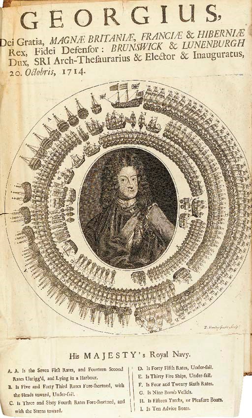 SUTHERLAND, William.  Britain's Glory: or, Ship-Building Unvail'd. Being a general director for building and compleating the said machines, London: A. Bettesworth, S. Fitzer & E. Midwinter, 1729. 2 parts in one volume. 2° (342 x 211mm.). Title printed in red and black, engraved portrait frontispiece of George I encircled by ships of the Royal Navy, 6 engraved plates, illustrations. (Short tears to frontispiece, occasional light spotting). Contemporary calf. (Rubbed and scuffed).  Provenance: John Dennett (ink signature); Myers & Co. (Label); old pencil drawings on front free endpaper. Second edition.