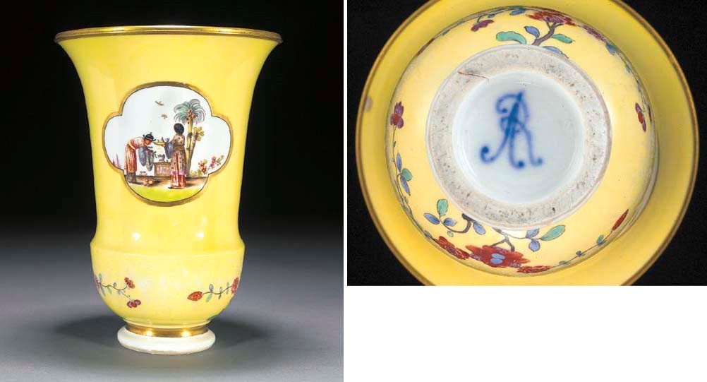 A Meissen yellow-ground Augustus Rex chinoiserie vase