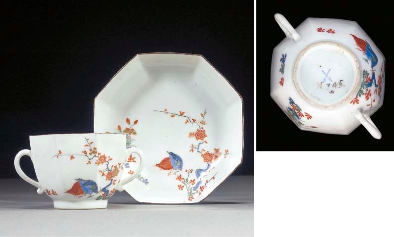 A Meissen Kakiemon octagonal two-handled cup and saucer