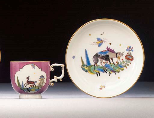A Meissen Fabeltiere powdered-purple ground coffee cup and saucer