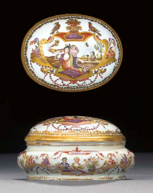 A Meissen Hausmalerei oval sugar-box and cover