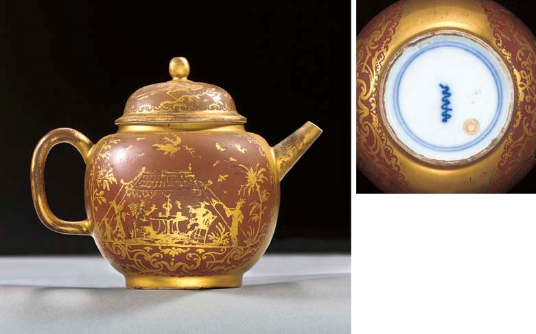 A Meissen Goldchinesen Kapuzinerbraun-ground globular teapot and cover