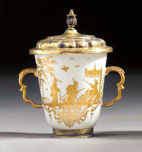 A Meissen silver-gilt mounted Goldchinesen two-handled beaker and a pair of silver-gilt covers