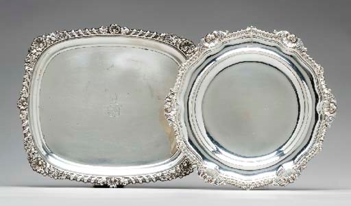 A GEORGE III SILVER SOUP PLATE AND FOOTED TRAY,