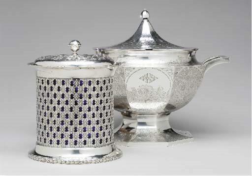 AN AMERICAN SILVER SOUP TUREEN AND BISCUIT BARREL,