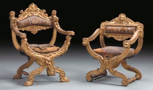A MATCHED PAIR OF ITALIAN RENAISSANCE STYLE GILTWOOD SAVONAROLA CHAIRS,