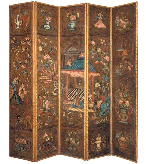 AN ANGLO-DUTCH GILT AND POLYCHROME-PAINTED LEATHER FIVE-PANEL SCREEN,