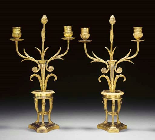 A PAIR OF NORTH EUROPEAN NEOCLASSIC ORMOLU TWIN-BRANCH CANDELABRA,