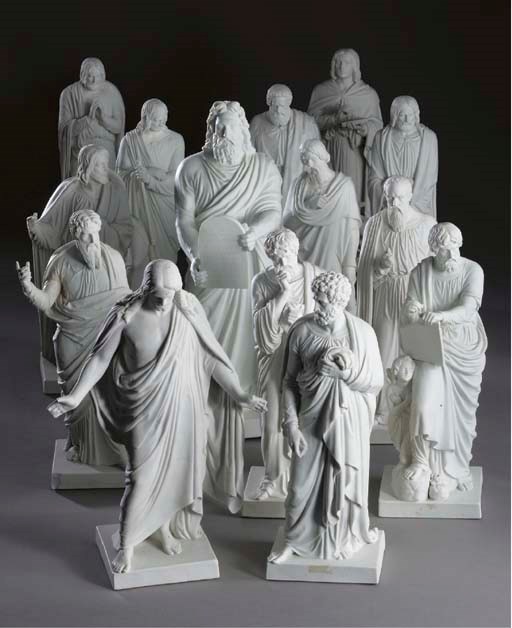 A SET OF ROYAL COPENHAGEN BISCUIT FIGURES OF CHRIST AND HIS TWELVE APOSTLES,