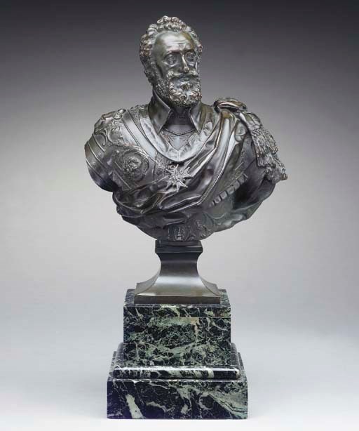 A FRENCH PATINATED BRONZE BUST OF HENRY IV,