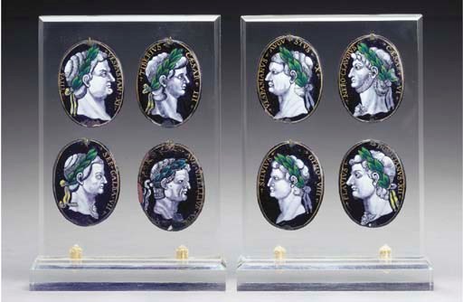 A SET OF EIGHT LIMOGES ENAMEL PLAQUES OF ROMAN EMPERORS,