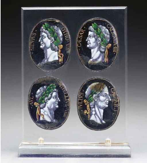 A SET OF FOUR LIMOGES ENAMEL PORTRAIT PLAQUES OF ROMAN EMPERORS,