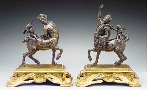 A PAIR OF ITALIAN PATINATED BRONZE MODELS OF THE FURIETTI CENTAURS,