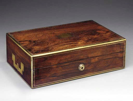 A GEORGE IV BRASS-INLAID ROSEWOOD NECESSAIRE CASE,