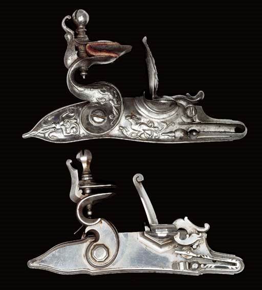 A GERMAN FLINTLOCK MECHANISM, AND ANOTHER, ITALIAN