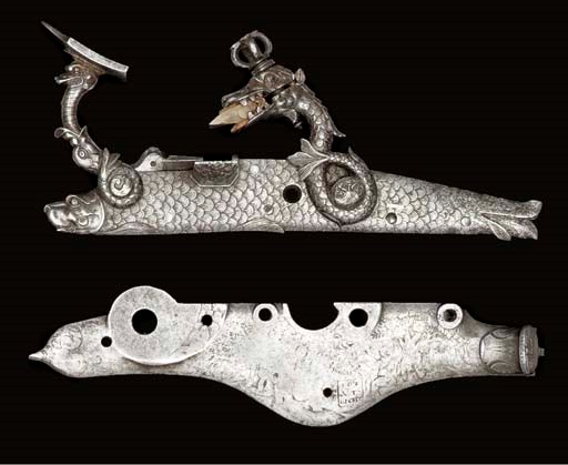 A HIGHLY UNUSUAL LEFT-HAND SNAPHAUNCE MECHANISM FOR A GUN, AND THE LOCK-PLATE FROM A DUTCH FLINTLOCK REPEATING MAGAZINE GUN