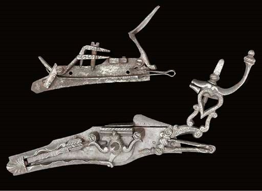 A RARE NORWEGIAN SNAP-LOCK MECHANISM FOR A GUN, AND A WHEEL-LOCK MECHANISM FOR A GUN