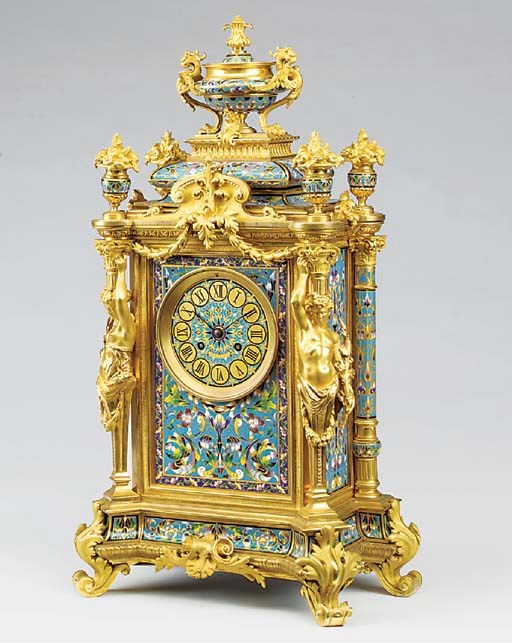 A French ormolu and champlevé enamel large striking mantel clock, circa 1880