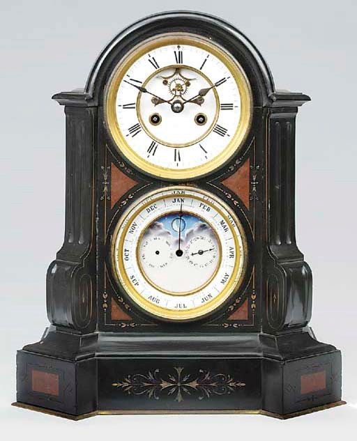 A French nero Belgio and rouge marble inset perpetual calendar striking mantel clock, circa 1880