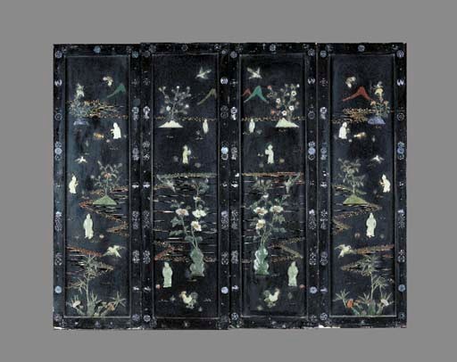 FOUR CHINESE HARDSTONE INSET LACQUERED WOODEN PANELS
20TH CENTURY