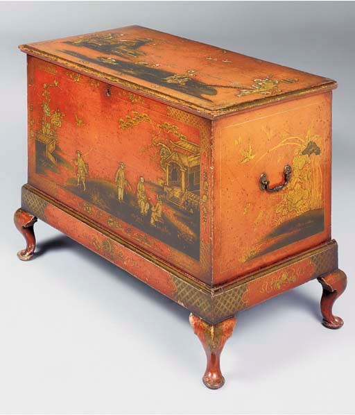 A GEORGE I RED AND GILT-JAPANNED COFFER-ON-STAND
