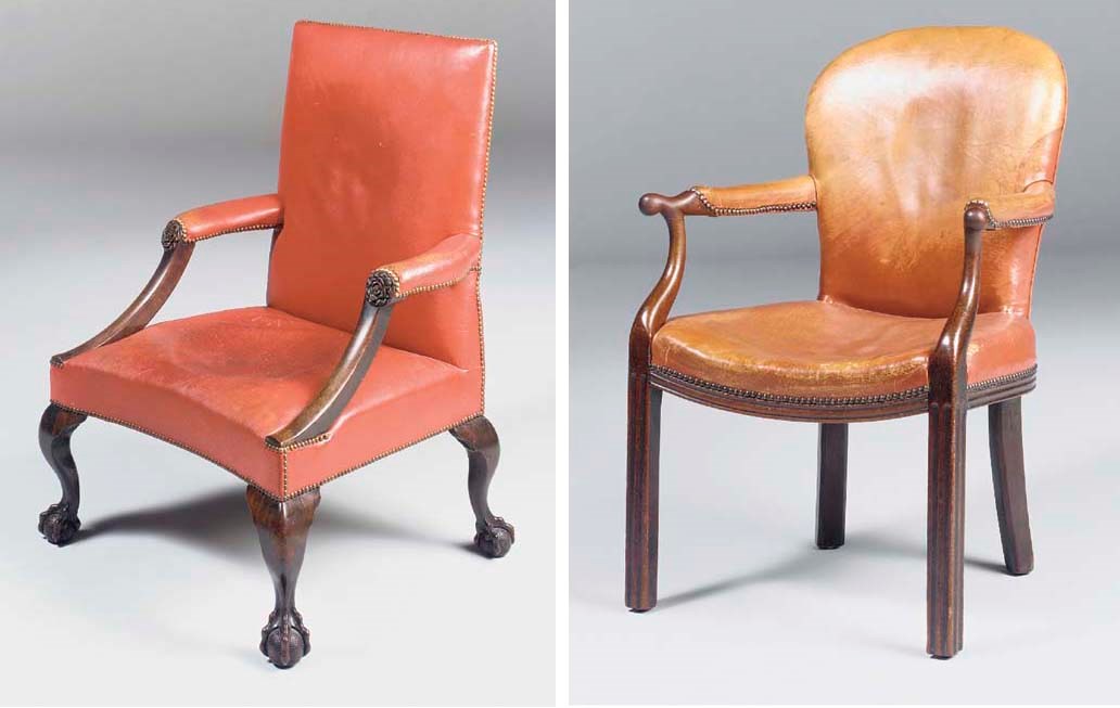 TWO GEORGE III MAHOGANY LIBRARY ARMCHAIRS