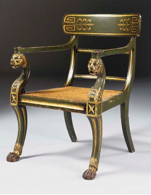 A REGENCY GREEN-PAINTED AND PARCEL-GILT ARMCHAIR