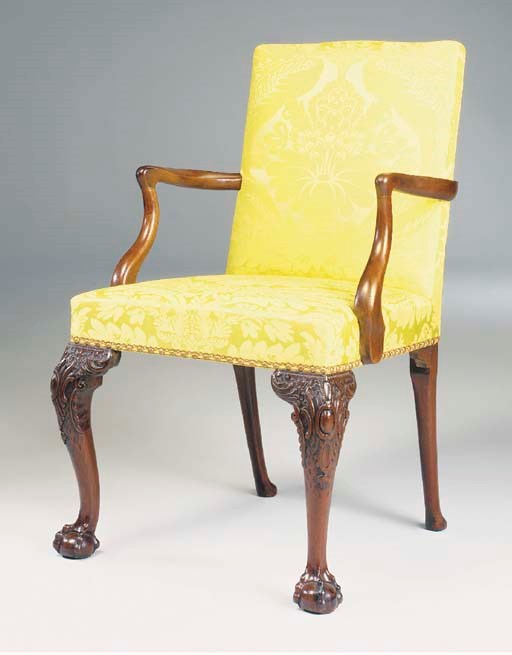 A GEORGE II MAHOGANY OPEN ARMCHAIR