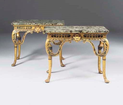 A PAIR OF DARK GREEN-PAINTED AND PARCEL-GILT SIDE TABLES