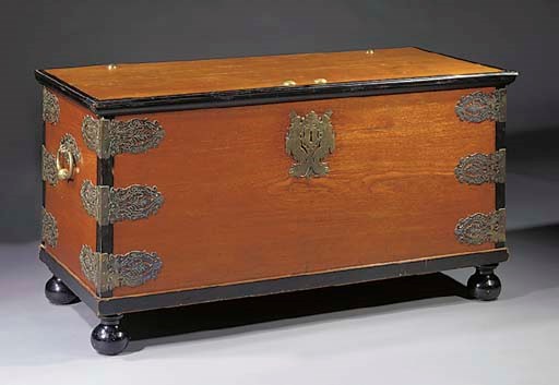 A Dutch colonial brass-mounted teak and ebonised chest