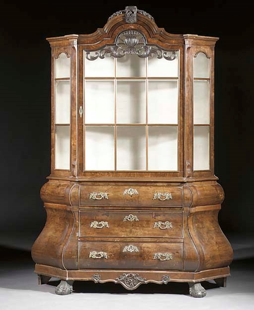 A Dutch burr-walnut and figured walnut display cabinet