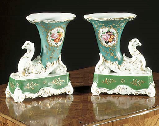 A pair of Jacob Petit style Paris porcelain cornucopia vases