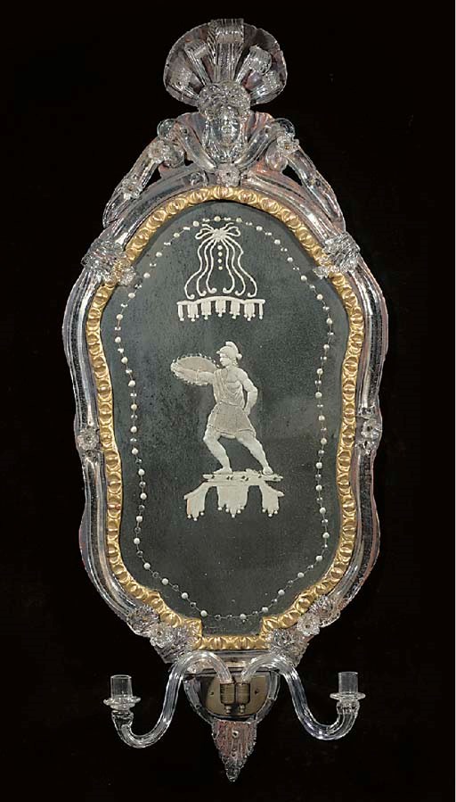 A Venetian Murano glass, engraved and parcel-gilt mirror
