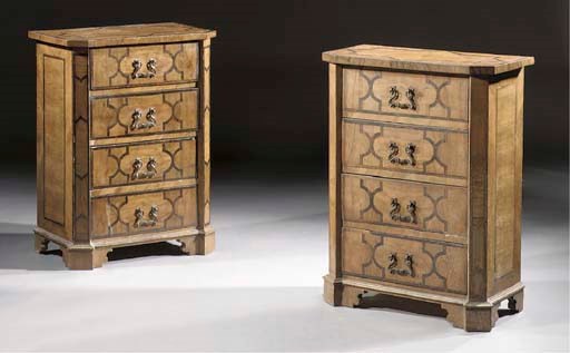 A matched pair of Italian figured walnut commodini